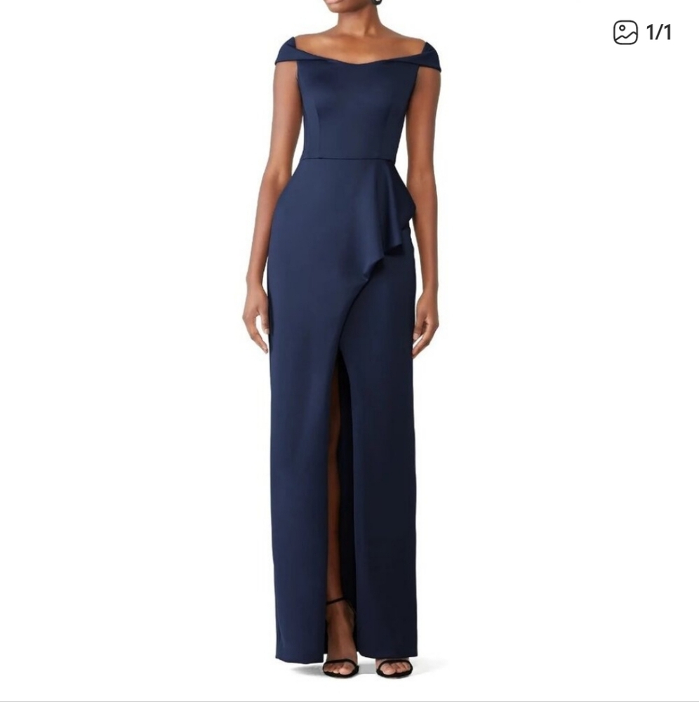 Black Halo Midnight Padma Gown Slit Front Navy Dress with Ruffle Wedding Formal - Picture 1 of 14